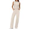 image:imageXIEERDUO Two Piece Sets for Women Summer Outfits Travel Mock Neck Lounge Sets Wide Leg Pants Beach Vacation ClothesBeige