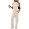 image:imageXIEERDUO Two Piece Sets for Women Summer Outfits Travel Mock Neck Lounge Sets Wide Leg Pants Beach Vacation ClothesBeigewhite