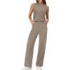 image:imageXIEERDUO Two Piece Sets for Women Summer Outfits Travel Mock Neck Lounge Sets Wide Leg Pants Beach Vacation ClothesCoffee