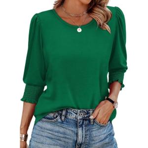 image:imageXIEERDUO Blouses for Women Dressy Casual 34 Length Sleeve Womens Tops with Smocked CuffsGgreen