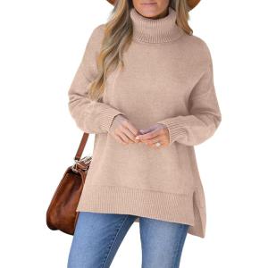 image:imageXIEERDUO Womens Turtleneck Sweaters Oversized Tops Side Slit High Low Hem S3XL