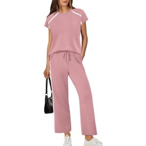 image:imageXIEERDUO 2 Piece Sets for Women Crew Neck Travel Airport Outfits Summer Fashion Clothing Cap Sleeve Tops Wide Legs Pants SetCoral