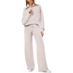 image:imageXIEERDUO Lounge Sets For Women 2025 Half Zip Sweatshirt And Wide Leg Sweatpant 2 Piece Outfits Sweatsuit Tracksuit02khaki
