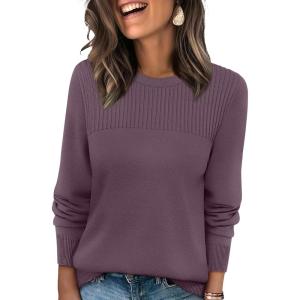 image:imageXIEERDUO Sweaters for Women Long Sleeve Shirts Round Neck Ribbed Knit Pullover Sweater Fashion ClothingGray Purple