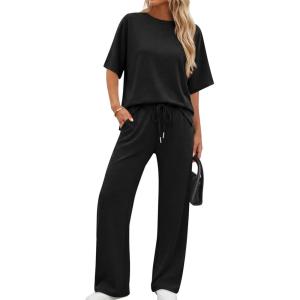 image:imageXIEERDUO Womens Side Slit Lounge Sets 2 Piece Travel Outfits Airport Tracksuit Oversized Wide Leg Loungewear S3XLA Black