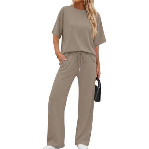 image:imageXIEERDUO Womens Side Slit Lounge Sets 2 Piece Travel Outfits Airport Tracksuit Oversized Wide Leg Loungewear S3XLA Khaki
