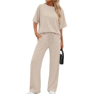 image:imageXIEERDUO Womens Side Slit Lounge Sets 2 Piece Travel Outfits Airport Tracksuit Oversized Wide Leg Loungewear S3XLApricot