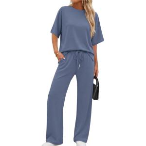 image:imageXIEERDUO Womens Side Slit Lounge Sets 2 Piece Travel Outfits Airport Tracksuit Oversized Wide Leg Loungewear S3XLBlue