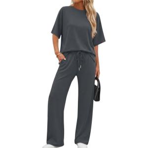 image:imageXIEERDUO Womens Side Slit Lounge Sets 2 Piece Travel Outfits Airport Tracksuit Oversized Wide Leg Loungewear S3XLDark Grey