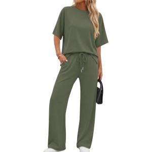 image:imageXIEERDUO Womens Side Slit Lounge Sets 2 Piece Travel Outfits Airport Tracksuit Oversized Wide Leg Loungewear S3XLGreen
