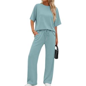image:imageXIEERDUO Womens Side Slit Lounge Sets 2 Piece Travel Outfits Airport Tracksuit Oversized Wide Leg Loungewear S3XLLake Blue