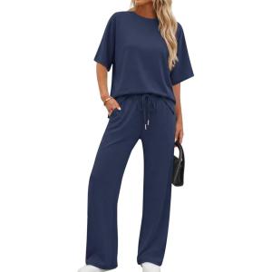 image:imageXIEERDUO Womens Side Slit Lounge Sets 2 Piece Travel Outfits Airport Tracksuit Oversized Wide Leg Loungewear S3XLNavy