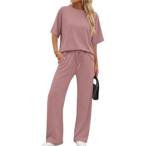 image:imageXIEERDUO Womens Side Slit Lounge Sets 2 Piece Travel Outfits Airport Tracksuit Oversized Wide Leg Loungewear S3XLPink