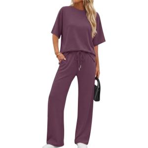 image:imageXIEERDUO Womens Side Slit Lounge Sets 2 Piece Travel Outfits Airport Tracksuit Oversized Wide Leg Loungewear S3XLPurple