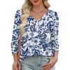 image:imageXIEERDUO Womens 34 Sleeve Tops with Buttons VNeck Summer Outfits Casual Blouses Shirts Beach Vacation Fall Clothes 2026Fwhite Tribal Blue Floral