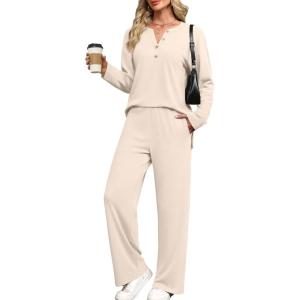 image:imageXIEERDUO Lounge Sets for Women 2 Piece V Neck Button Matching Sweatsuit Loungewear Fall Outfits Fashion Clothing PajamasApricot