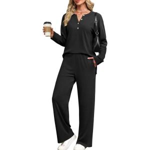 image:imageXIEERDUO Lounge Sets for Women 2 Piece V Neck Button Matching Sweatsuit Loungewear Fall Outfits Fashion Clothing PajamasBlack