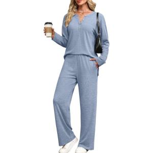 image:imageXIEERDUO Lounge Sets for Women 2 Piece V Neck Button Matching Sweatsuit Loungewear Fall Outfits Fashion Clothing PajamasBlue