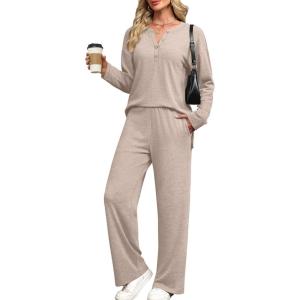 image:imageXIEERDUO Lounge Sets for Women 2 Piece V Neck Button Matching Sweatsuit Loungewear Fall Outfits Fashion Clothing PajamasKhaki