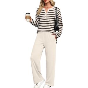 image:imageXIEERDUO Lounge Sets for Women 2 Piece V Neck Button Matching Sweatsuit Loungewear Fall Outfits Fashion Clothing PajamasStripes Apricot
