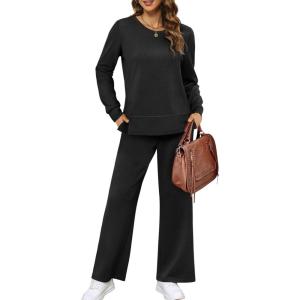 image:imageXIEERDUO Womens 2 Piece Lounge Sets Side Slit Outfits Wide Leg Tracksuit Comfy Loungewear Fashion Sweatsuit S3XLA Black