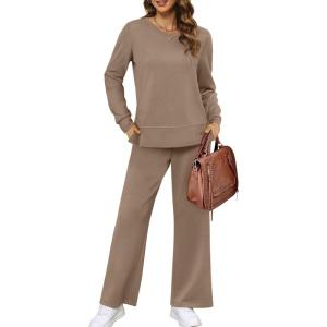 image:imageXIEERDUO Womens 2 Piece Lounge Sets Side Slit Outfits Wide Leg Tracksuit Comfy Loungewear Fashion Sweatsuit S3XLA Khaki
