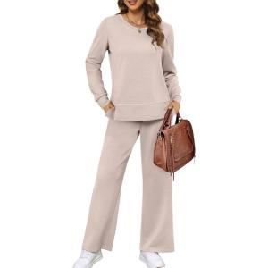image:imageXIEERDUO Womens 2 Piece Lounge Sets Side Slit Outfits Wide Leg Tracksuit Comfy Loungewear Fashion Sweatsuit S3XLApricot