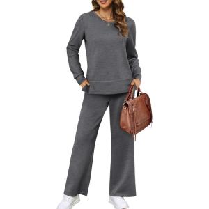 image:imageXIEERDUO Womens 2 Piece Lounge Sets Side Slit Outfits Wide Leg Tracksuit Comfy Loungewear Fashion Sweatsuit S3XLB Dark Grey