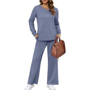 image:imageXIEERDUO Womens 2 Piece Lounge Sets Side Slit Outfits Wide Leg Tracksuit Comfy Loungewear Fashion Sweatsuit S3XLBlue