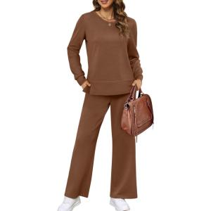 image:imageXIEERDUO Womens 2 Piece Lounge Sets Side Slit Outfits Wide Leg Tracksuit Comfy Loungewear Fashion Sweatsuit S3XLBrown