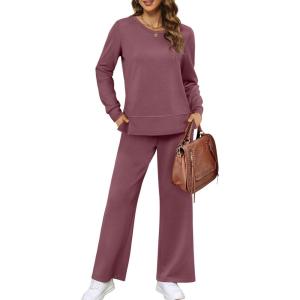 image:imageXIEERDUO Womens 2 Piece Lounge Sets Side Slit Outfits Wide Leg Tracksuit Comfy Loungewear Fashion Sweatsuit S3XLCoral