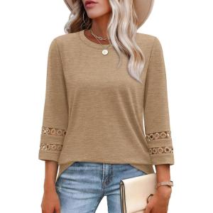 image:imageXIEERDUO 34 Length Sleeve Womens Tops and Blouses Dressy Casual Crewneck T Shirts Fashion Clothes Loose Fit TrendyKhaki