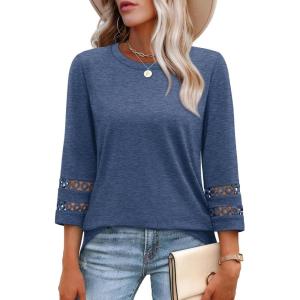 image:imageXIEERDUO 34 Length Sleeve Womens Tops and Blouses Dressy Casual Crewneck T Shirts Fashion Clothes Loose Fit TrendyNavy
