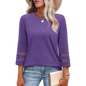 image:imageXIEERDUO 34 Length Sleeve Womens Tops and Blouses Dressy Casual Crewneck T Shirts Fashion Clothes Loose Fit TrendyPurple