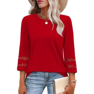image:imageXIEERDUO 34 Length Sleeve Womens Tops and Blouses Dressy Casual Crewneck T Shirts Fashion Clothes Loose Fit TrendyRed