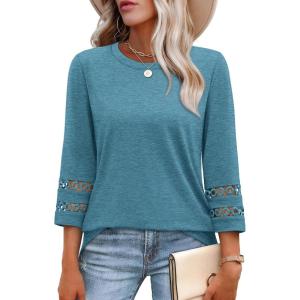 image:imageXIEERDUO 34 Length Sleeve Womens Tops and Blouses Dressy Casual Crewneck T Shirts Fashion Clothes Loose Fit TrendyTurquoise