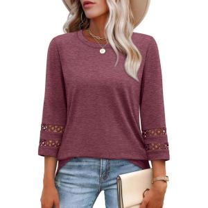 image:imageXIEERDUO 34 Length Sleeve Womens Tops and Blouses Dressy Casual Crewneck T Shirts Fashion Clothes Loose Fit TrendyWine Red
