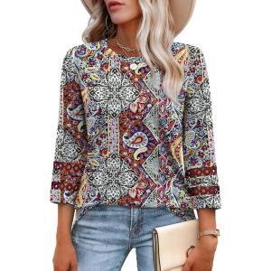 image:imageXIEERDUO 34 Length Sleeve Womens Tops and Blouses Dressy Casual Crewneck T Shirts Fashion Clothes Loose Fit TrendyZ Boho Multi