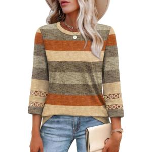 image:imageXIEERDUO 34 Length Sleeve Womens Tops and Blouses Dressy Casual Crewneck T Shirts Fashion Clothes Loose Fit TrendyZ Brown Stripe