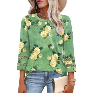 image:imageXIEERDUO 34 Length Sleeve Womens Tops and Blouses Dressy Casual Crewneck T Shirts Fashion Clothes Loose Fit TrendyZ Green Floral