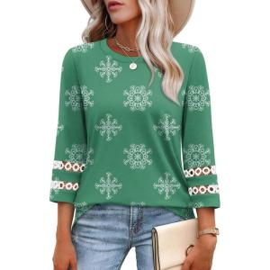 image:imageXIEERDUO 34 Length Sleeve Womens Tops and Blouses Dressy Casual Crewneck T Shirts Fashion Clothes Loose Fit TrendyZ Green Print