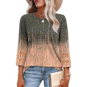 image:imageXIEERDUO 34 Length Sleeve Womens Tops and Blouses Dressy Casual Crewneck T Shirts Fashion Clothes Loose Fit TrendyZ Grey Coral