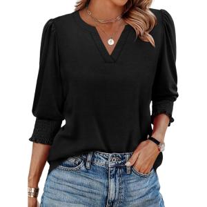 image:imageXIEERDUO Blouses for Women Dressy Casual 34 Length Sleeve Womens Tops V Neck T Shirts with Smocked CuffsAblack