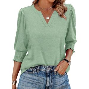 image:imageXIEERDUO Blouses for Women Dressy Casual 34 Length Sleeve Womens Tops V Neck T Shirts with Smocked CuffsCpea Green