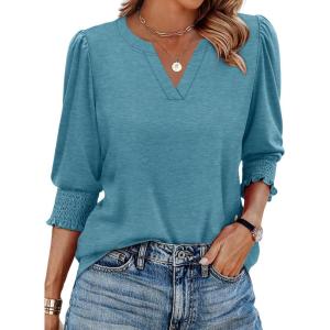 image:imageXIEERDUO Blouses for Women Dressy Casual 34 Length Sleeve Womens Tops V Neck T Shirts with Smocked CuffsDblue Green