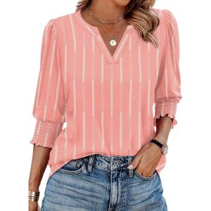 image:imageXIEERDUO Blouses for Women Dressy Casual 34 Length Sleeve Womens Tops V Neck T Shirts with Smocked CuffsEpink Stripes