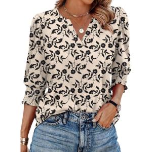 image:imageXIEERDUO Blouses for Women Dressy Casual 34 Length Sleeve Womens Tops V Neck T Shirts with Smocked CuffsFblack Floral