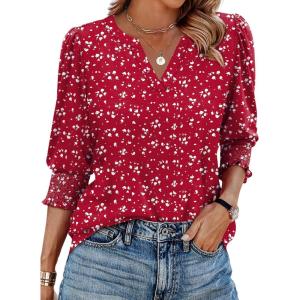 image:imageXIEERDUO Blouses for Women Dressy Casual 34 Length Sleeve Womens Tops V Neck T Shirts with Smocked CuffsGred Dots