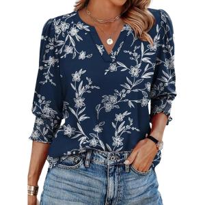image:imageXIEERDUO Blouses for Women Dressy Casual 34 Length Sleeve Womens Tops V Neck T Shirts with Smocked CuffsHdark Navy Floral