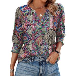 image:imageXIEERDUO Blouses for Women Dressy Casual 34 Length Sleeve Womens Tops V Neck T Shirts with Smocked CuffsIblue Red Pattern